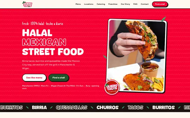 The Quiero Tacos homepage on a desktop browser
