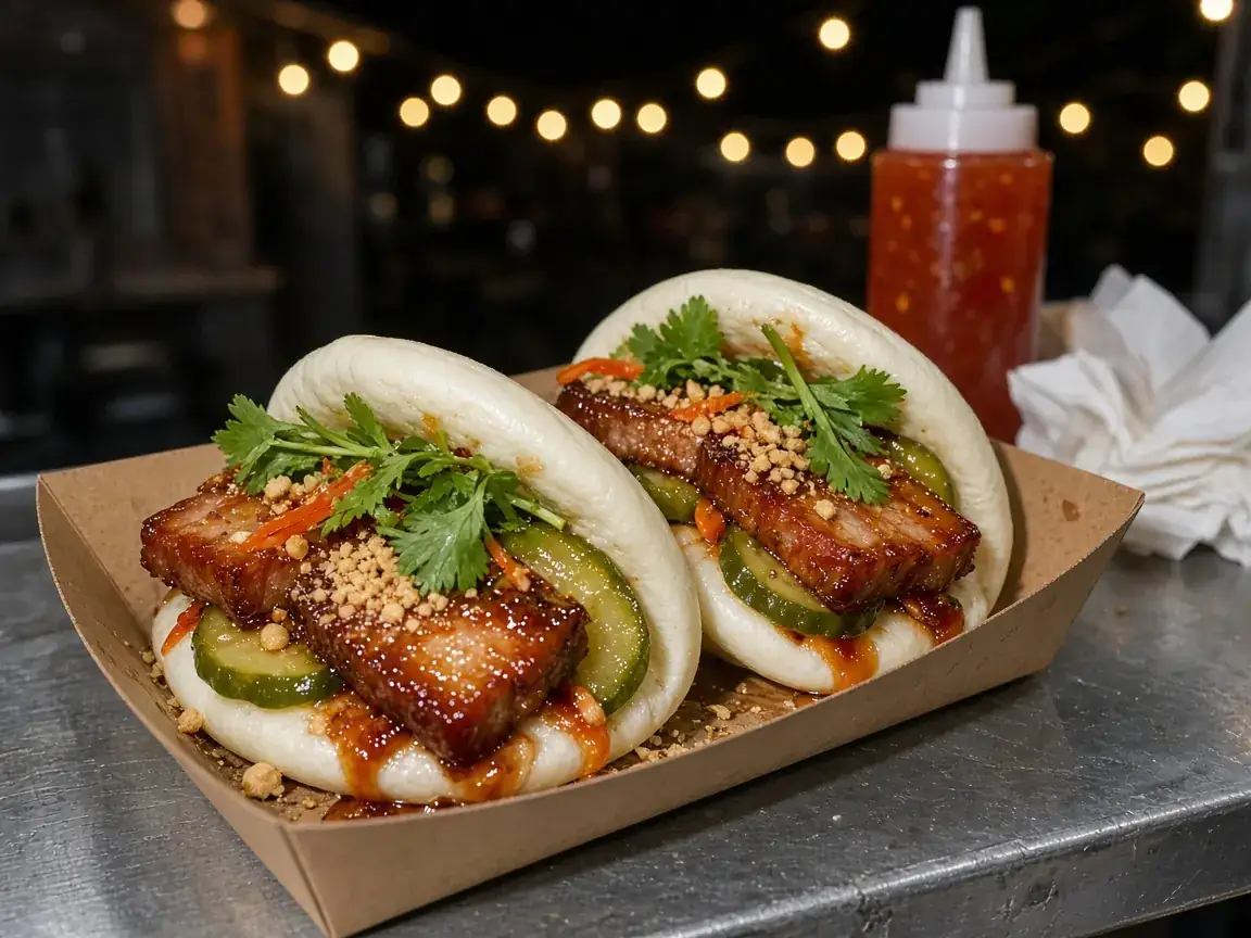 Two pork belly bao with pickles and peanut crumb in a kraft paper tray