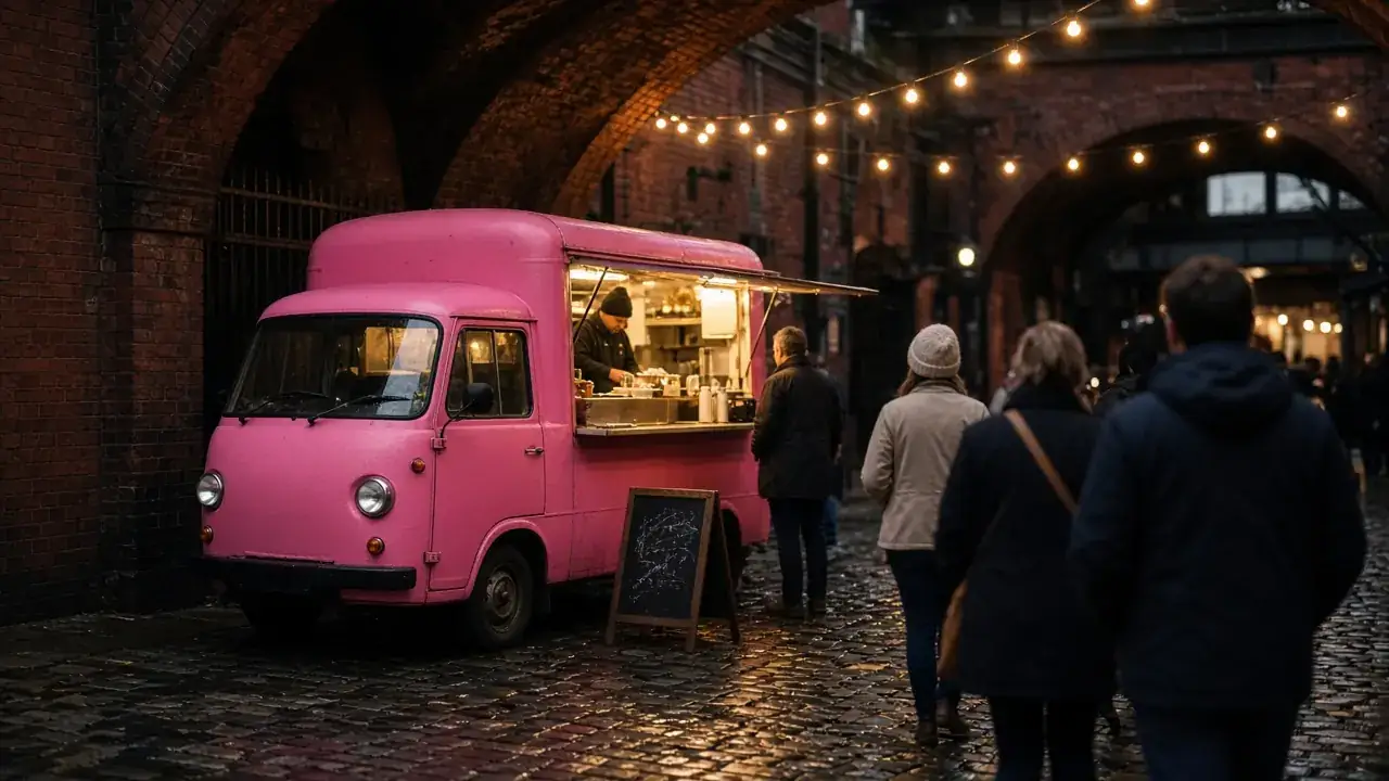 The pink Big Wheel Bao van parked in a railway-arch yard with a queue and an A-board out front
