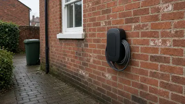A black home EV charger mounted on a red-brick wall next to a driveway