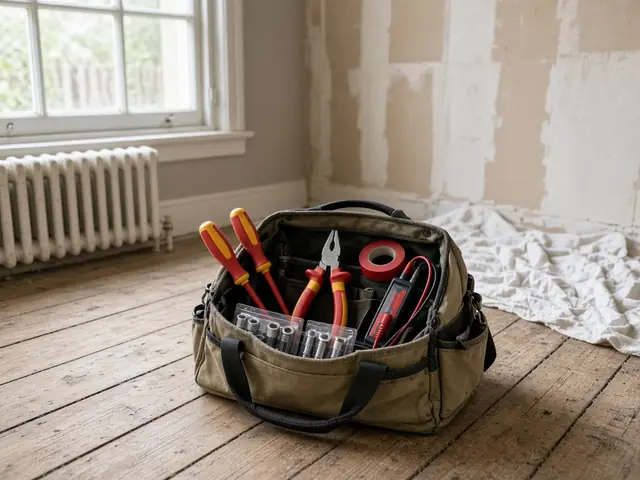 A canvas tool bag with a multimeter and screwdrivers on floorboards