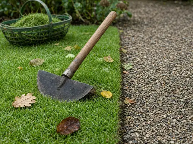 A half-moon edging iron resting on a freshly cut lawn edge beside a gravel path