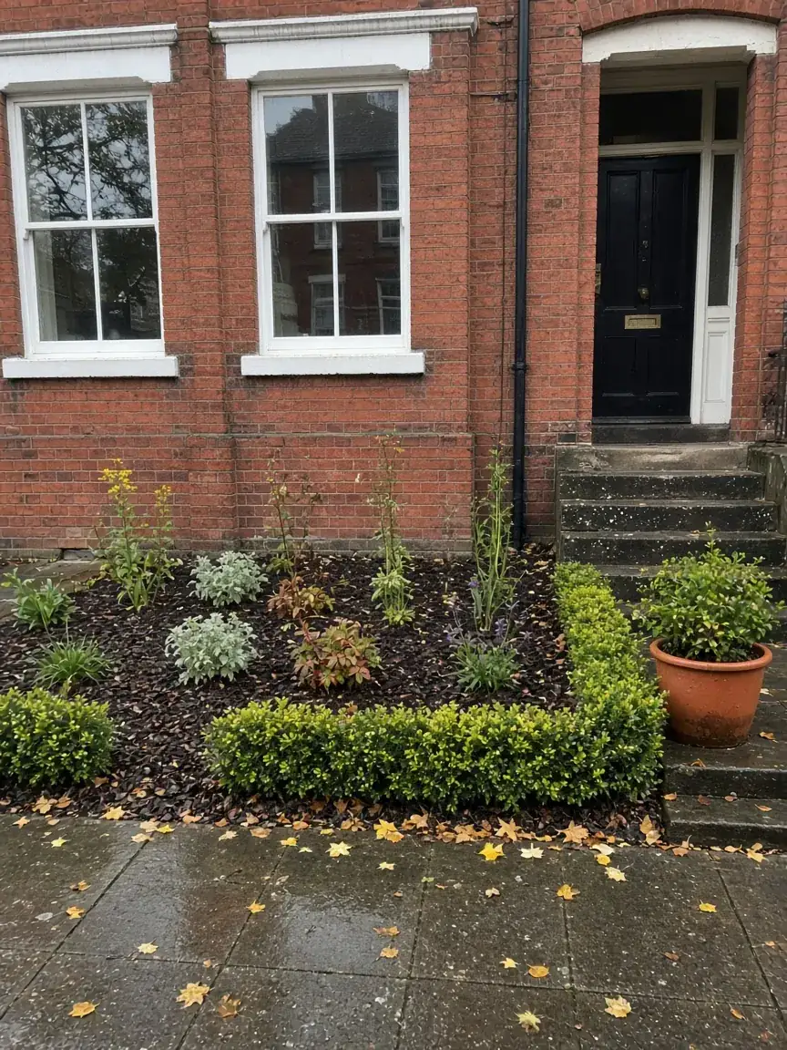 A newly planted front border with box hedging and a terracotta pot in front of a Victorian terrace