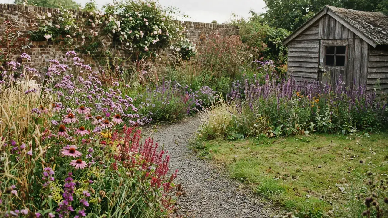 A gravel path between full perennial borders, an old brick wall with a climbing rose and a shed at the end