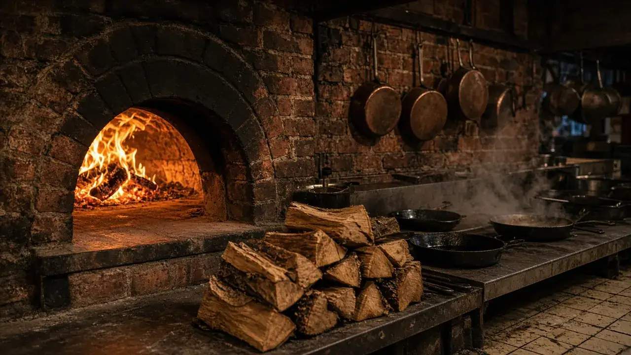 The brick wood-fired oven in the kitchen, logs stacked underneath and copper pans hanging above