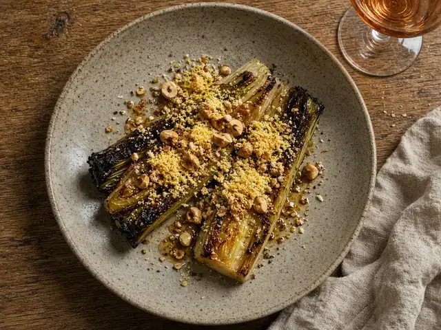 Charred leeks with hazelnuts and a cured yolk on a speckled plate, glass of orange wine behind