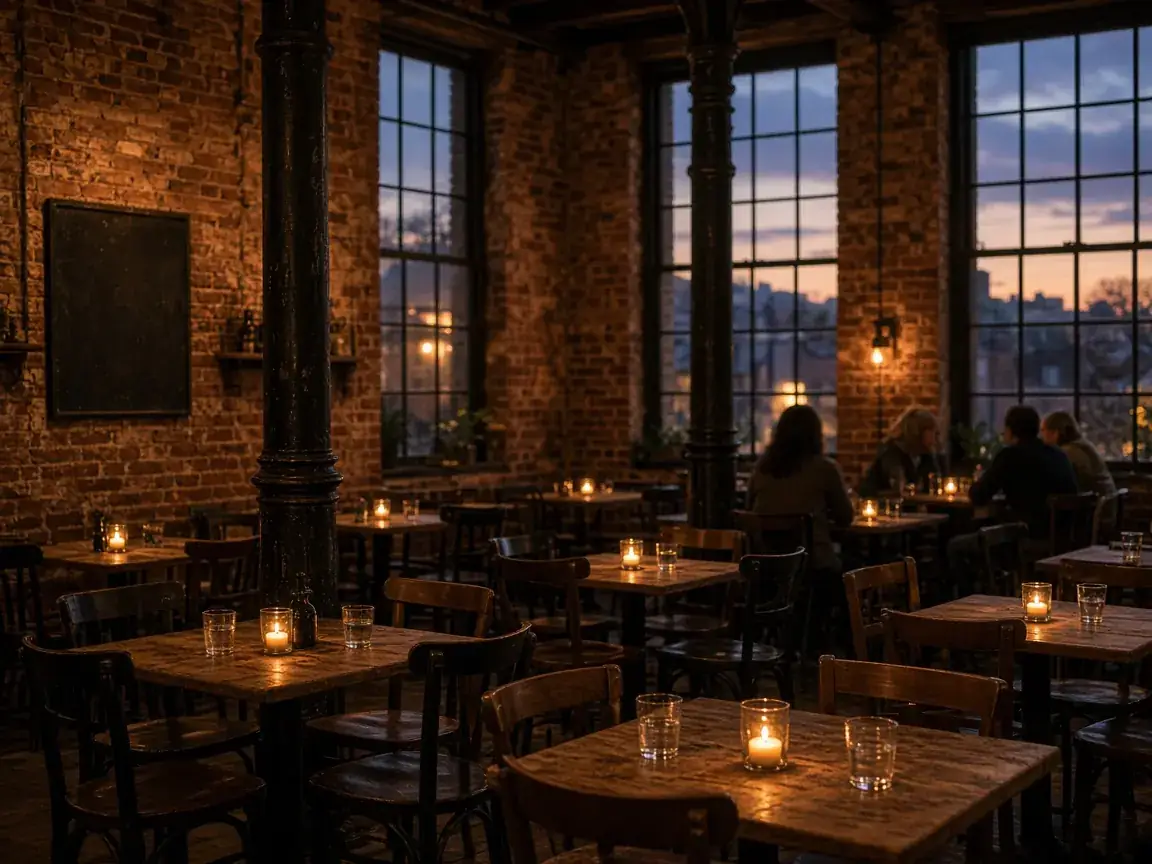 The dining room with cast-iron columns, brick walls and candlelit tables