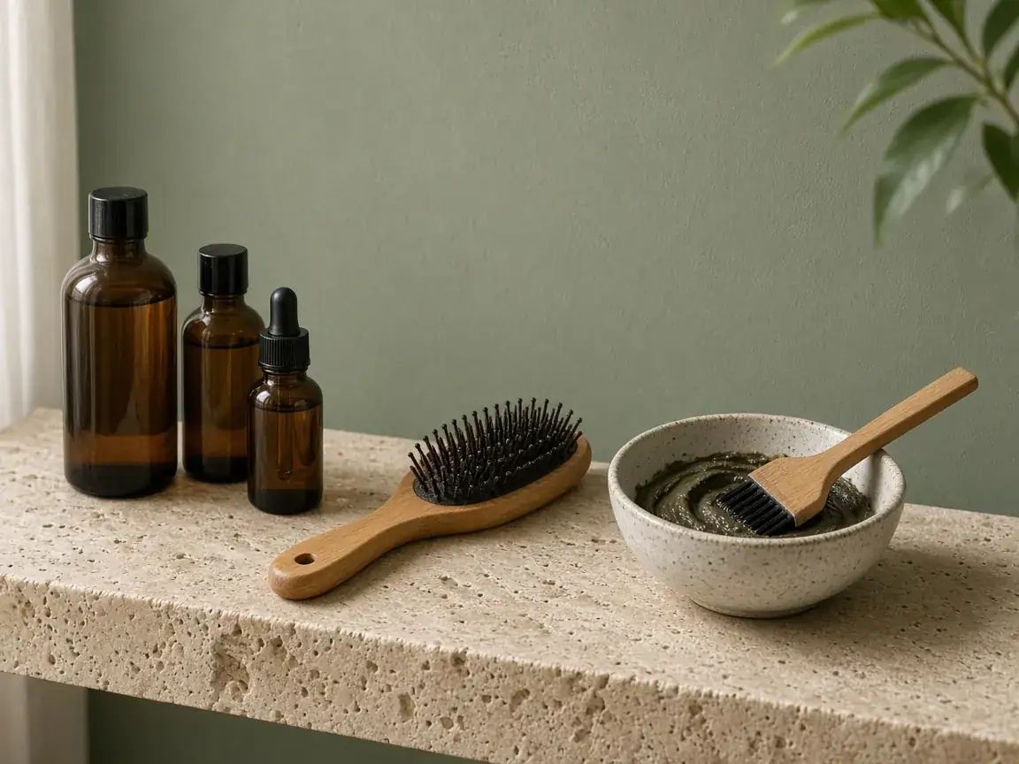 Amber glass bottles, a wooden brush and a colour bowl on a stone shelf