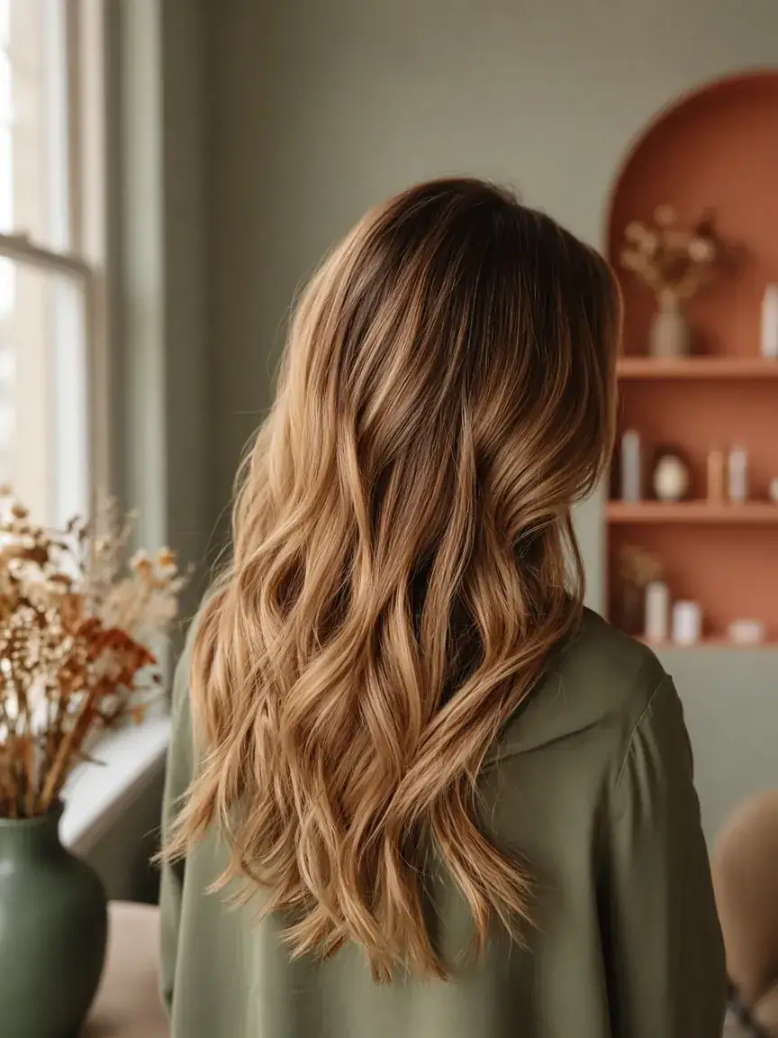 Honey balayage hair in soft window light