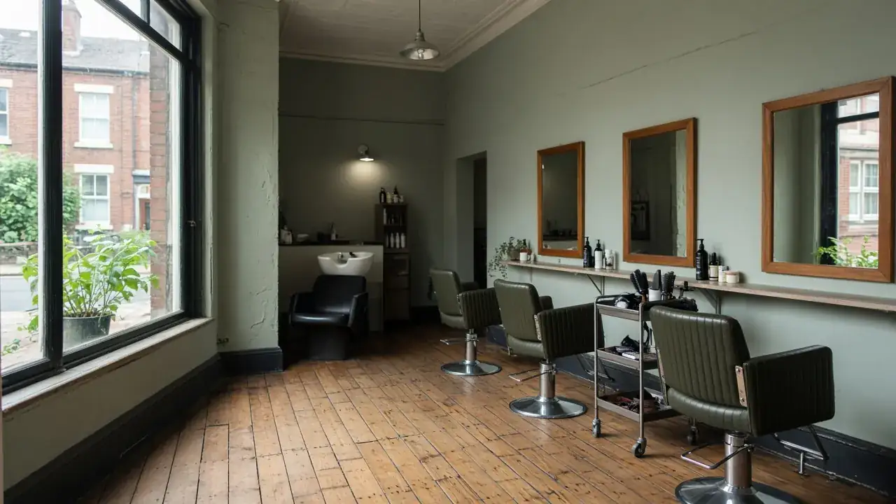 The salon: three green styling chairs facing wooden mirrors, a basin at the back and bare floorboards