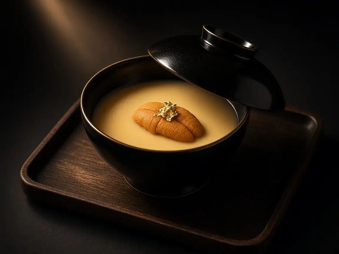 Chawanmushi with sea urchin and gold leaf in a lacquer bowl