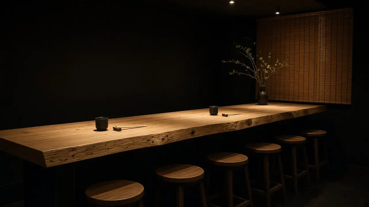 An empty six-seat hinoki counter with a live edge, low stools and a bamboo blind