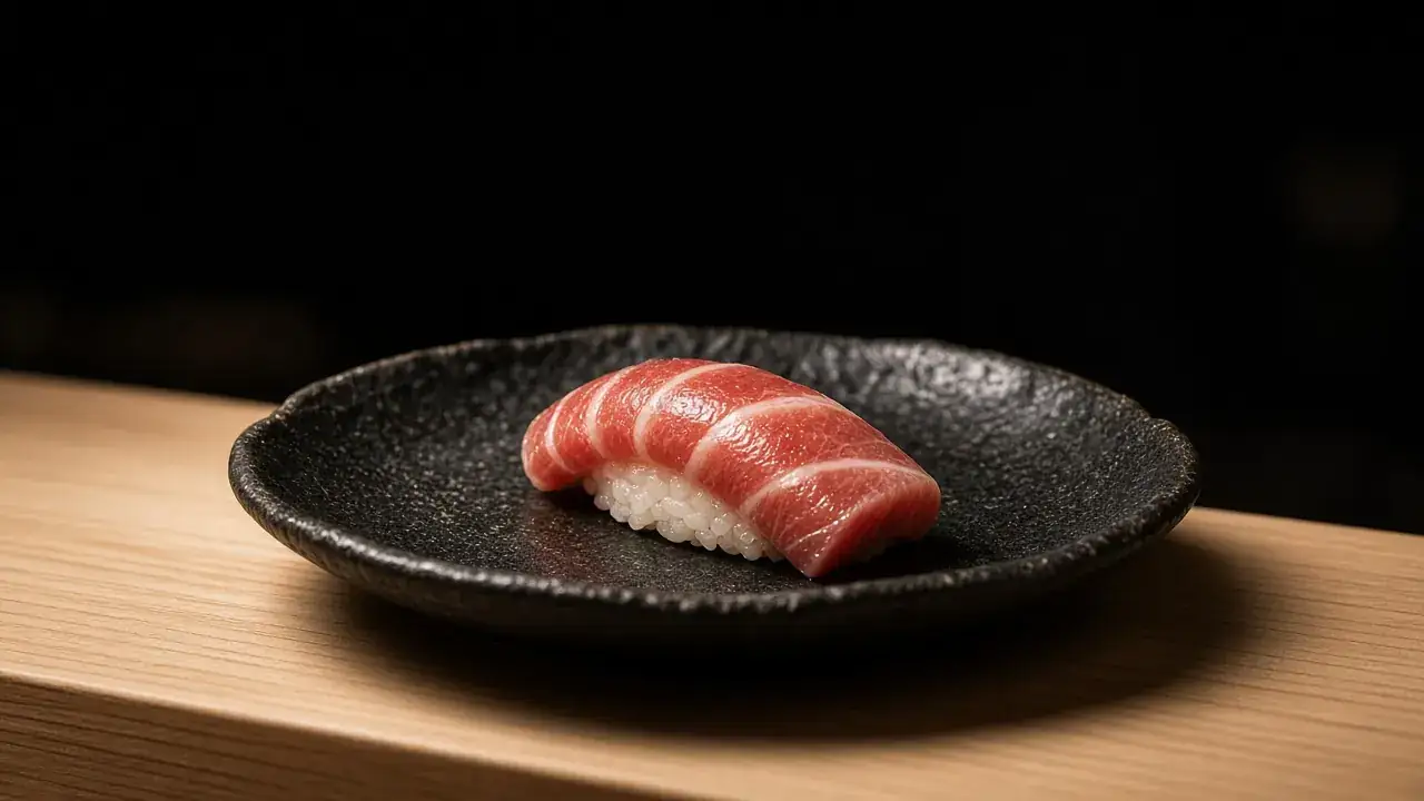 A single piece of otoro nigiri on a black ceramic plate, lit from above