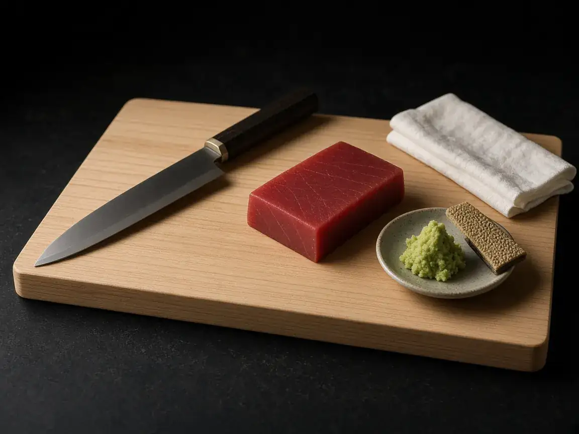 A yanagiba knife beside a block of tuna, fresh wasabi and a sharkskin grater on a linen cloth